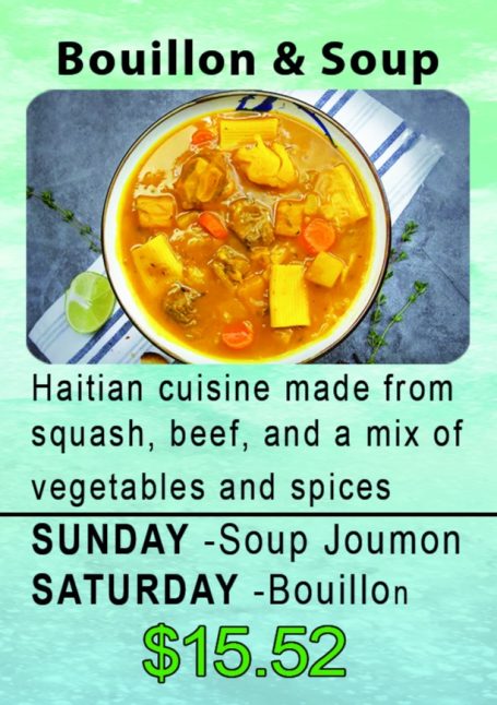 A bowl of bouillon soup with squash, beef, vegetables, and spices; pricing included.