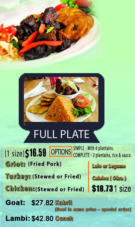 Menu offering a full plate with options for rice, chicken, lamb, and toppings.